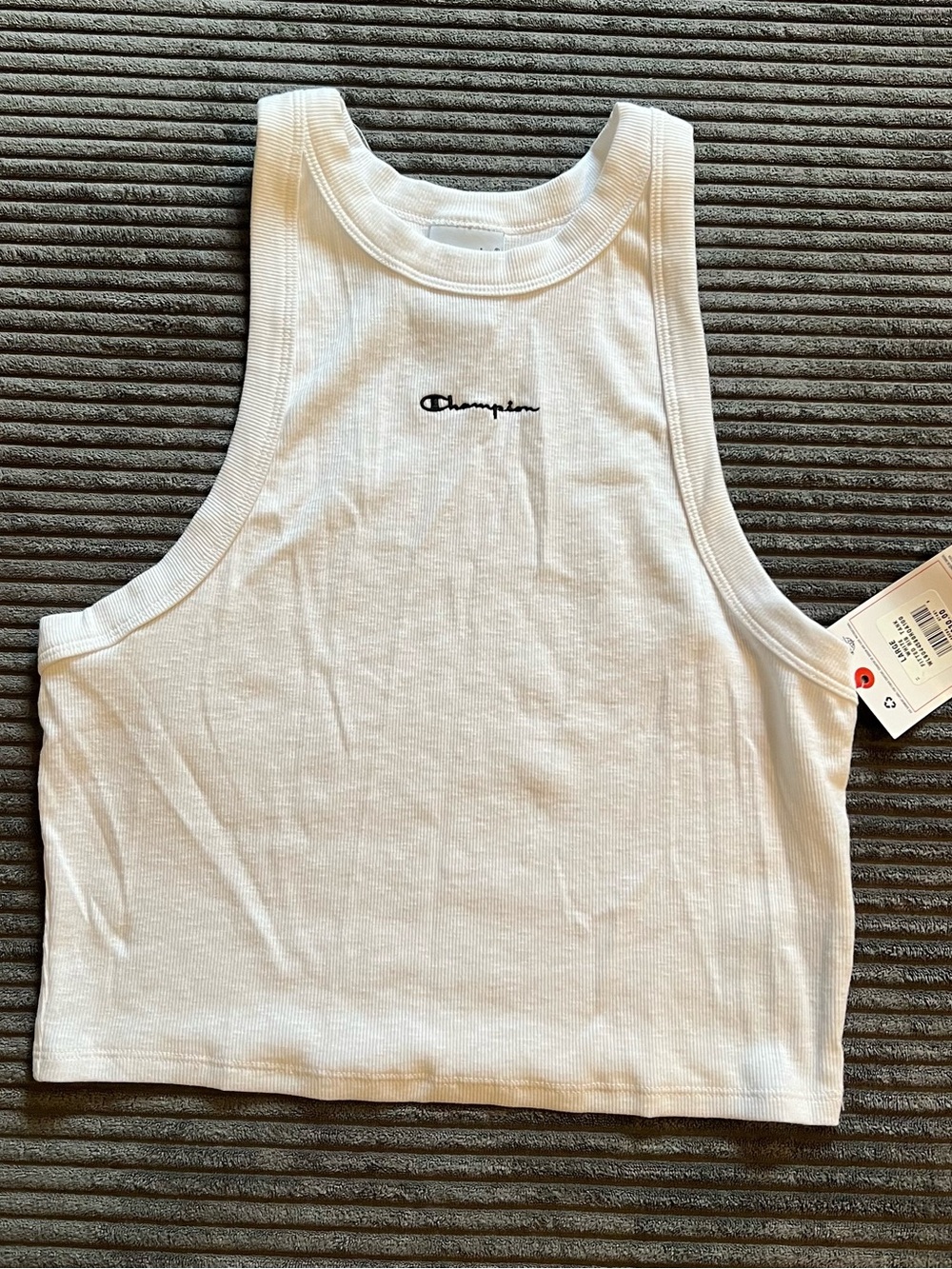 Champion Women’s Ribbed Crop Tank Top White Embroidered Logo Size Large NWT